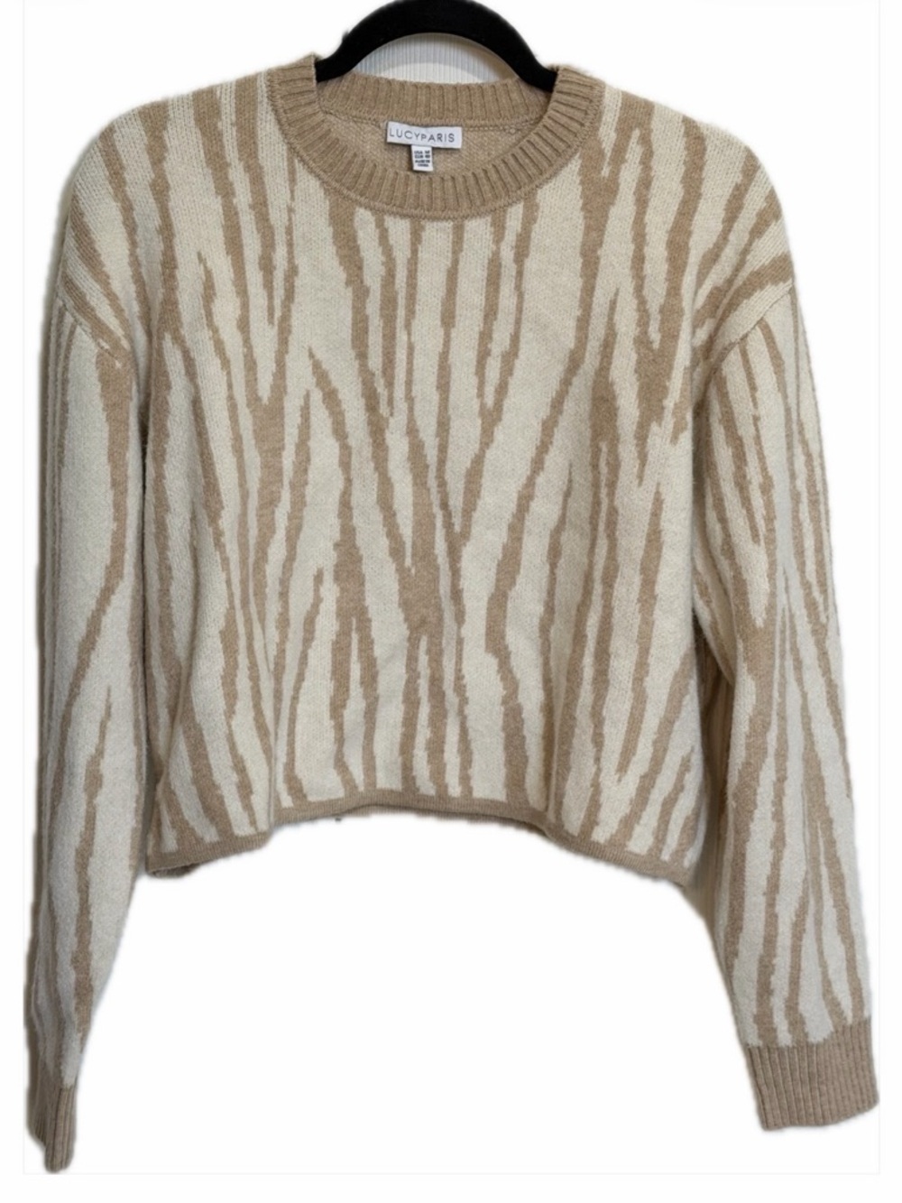 Lucy Paris Beige & Cream Zebra-Print Cropped Sweater Medium